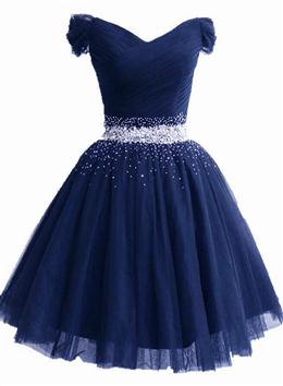 Picture of Lovely Off Shoulder Navy Blue Beaded Homecoming Dresses, Short Prom Dresses